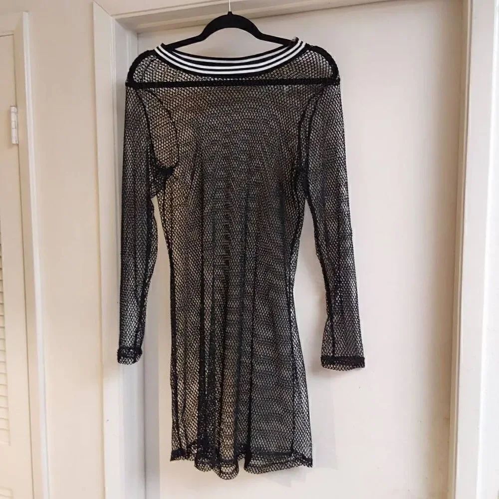 NWOT~Wet Seal Black & Silver Glitter Fishnet Design Midi Style Dress Sz Large